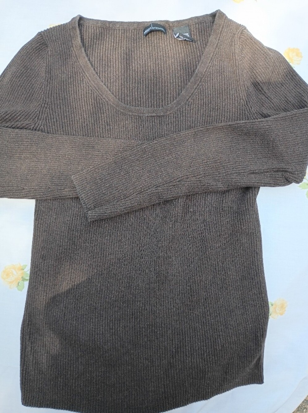 Moda International Women's Ribbed V Neck Sweater in Brown
